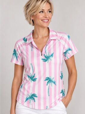Soneven Polo Top Size M Pink Stripe Palm-Print Short Sleeve Polo Top